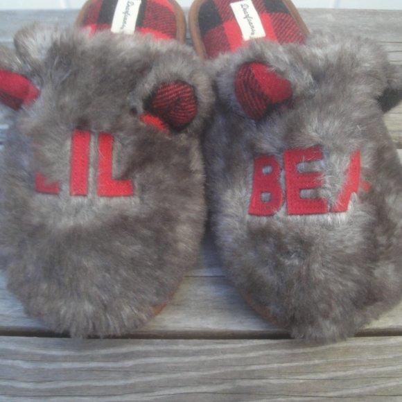 Dearforms Brown with Red "Lil Bear"Faux Fur Scuff Kids slippers w/ ears Size 3-4 - Picture 7 of 9